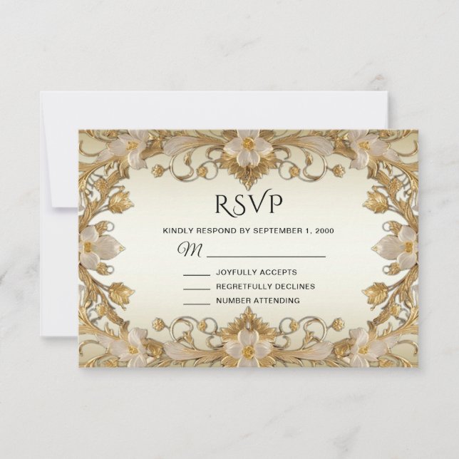 White Blume Decorative Gold RSVP Card (Vorderseite)
