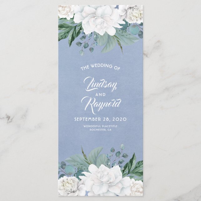 White Blume Dusty Blue Elegante Hochzeitsprogramme Programm (Vorderseite)
