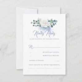 White Blume Dusty Blue Wedding RSVP Karte