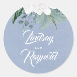 White Blume Dusty Blue Wedding Runder Aufkleber