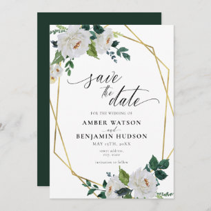 White Blume Emerald Gold Floral Save the Date Einladung