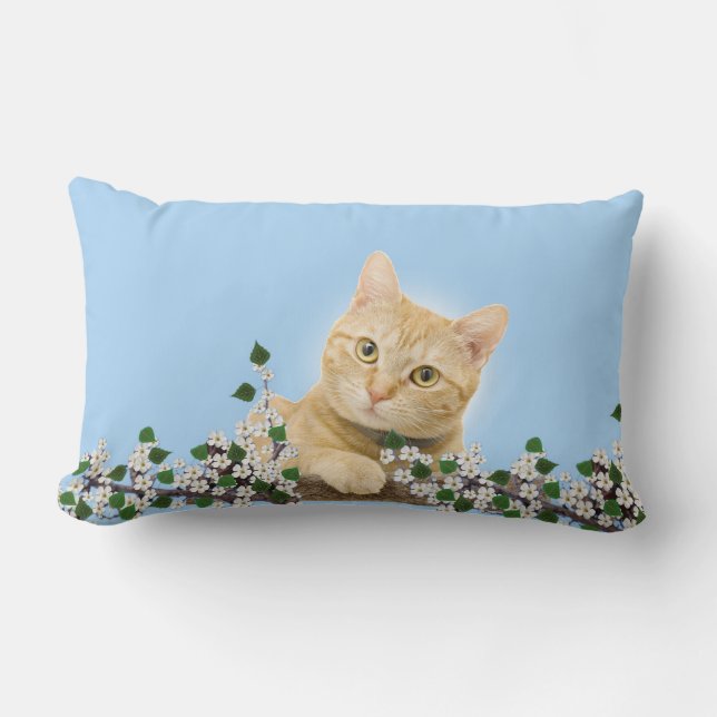 White Blume & Ginger Tabby Cat on Light Blue Lendenkissen (Vorderseite)