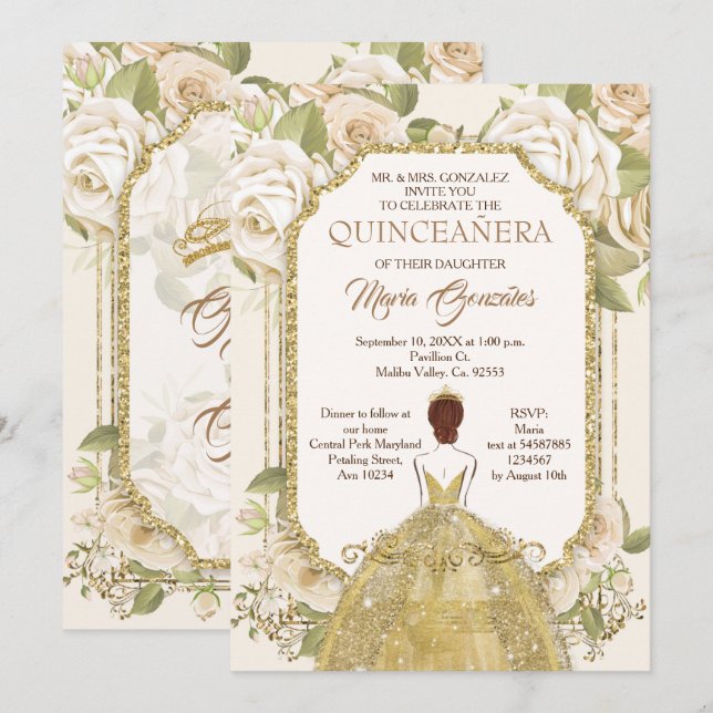 White Blume Gold Quinceanera mexikanische Geburtst Einladung (Vorne/Hinten)