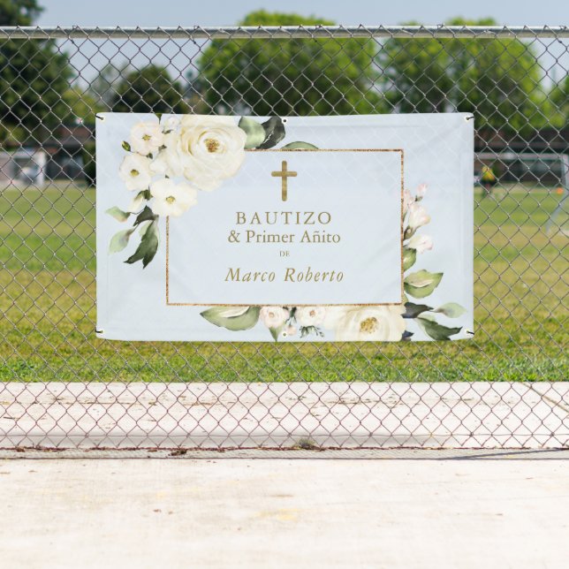 White Blume Gold Spanish Bautizo Begrüßungszeichen Banner (Insitu)