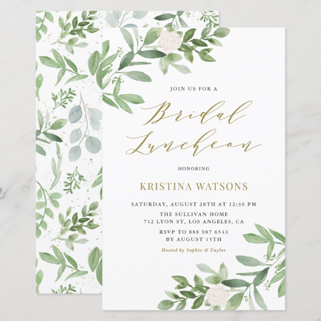 White Blume & Greenery Bridal Luncheon Einladung (Vorne/Hinten)
