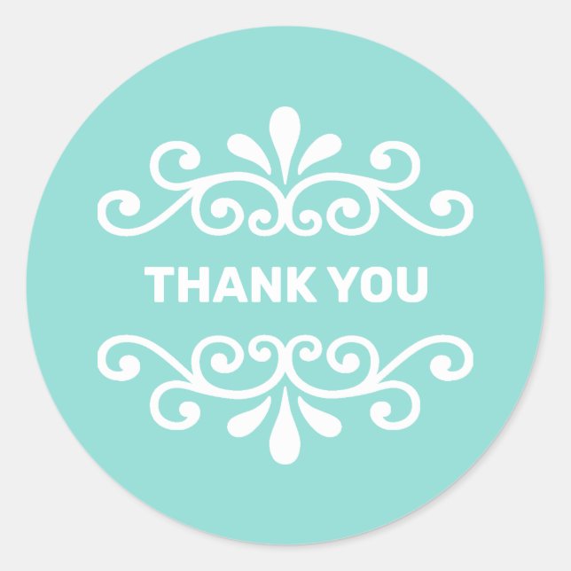 White Blume Vector auf Türkis Aquamarin Danke Runder Aufkleber (Vorderseite)