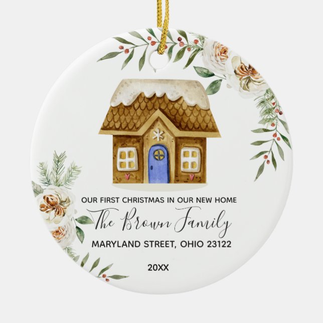 White Blumen Our First Christmas in unserer neuen  Keramik Ornament (Vorne)