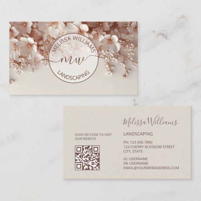 White Blush 3D Blumen Logo Initialen Visitenkarte (Vorne/Hinten)