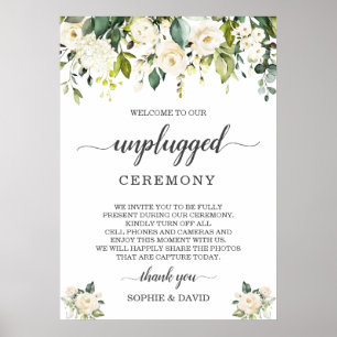 White Blush Floral Unplugged Wedding Zeremony Sign Poster