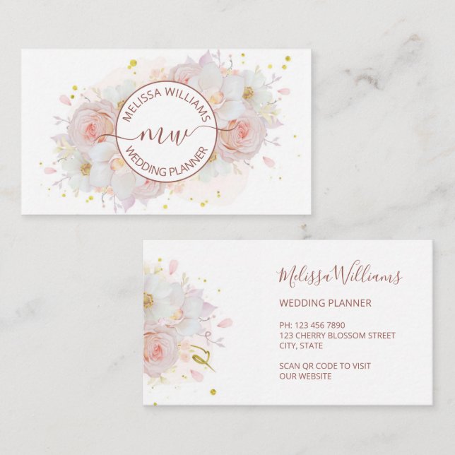 White Blush Flowers Logo Initials Visitenkarte (Vorne/Hinten)