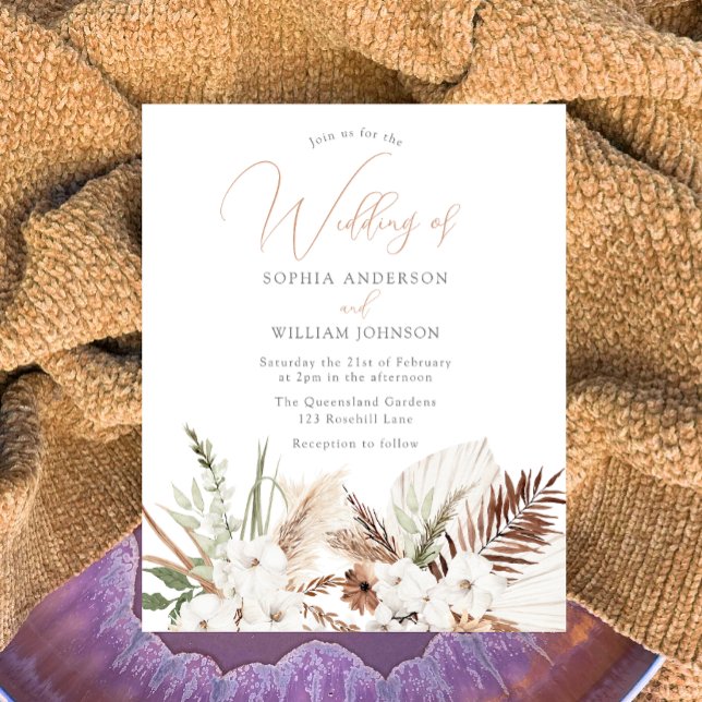 White Boho Blume Budget Hochzeitseinladung (Von Creator hochgeladen)