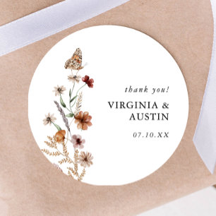 White Boho Floral Classic Round Sticker
