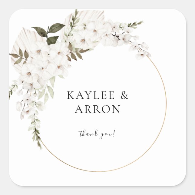 White Boho Floral Danke Ihnen 2 Quadratischer Aufkleber (Vorderseite)