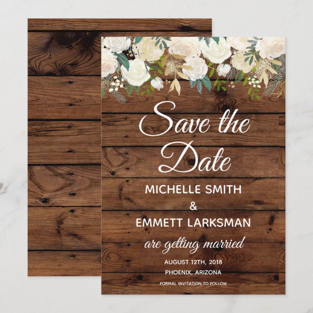 White Boho Floral Rusticus Gold Save the Date Einladung (Vorne/Hinten)