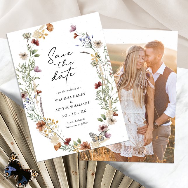 White Boho Floral Save the Date (White Boho Floral Save The Date Card with Photo by Painted Paperie
)