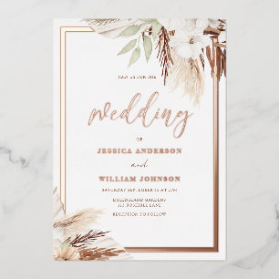 White Boho Floral Wedding Real Rose Gold Folieneinladung