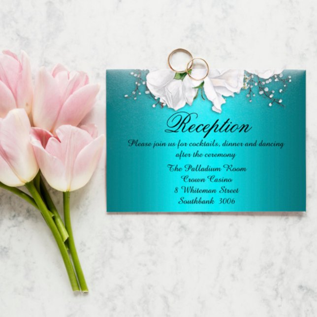 White Boho Rose Metallic Aqua Wedding Empfang Begleitkarte (Von Creator hochgeladen)