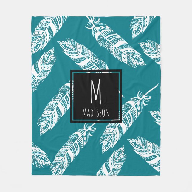 White-Boho-Stammesfedern - Personalisiert Fleecedecke (Vorderseite)