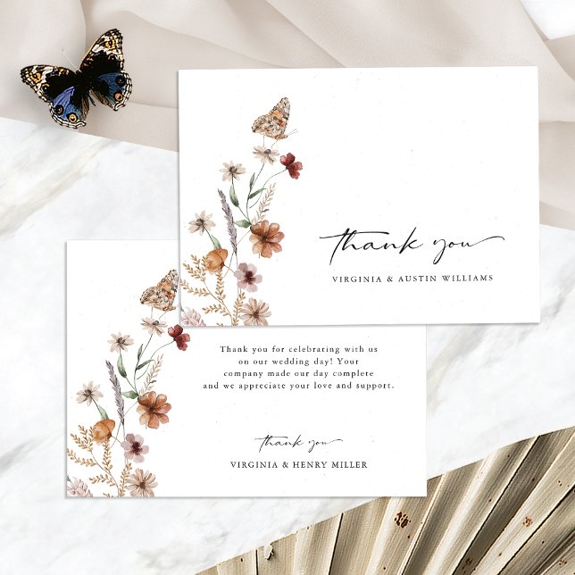 White Boho Wedding Dankeschön Karte (White Boho Floral Wedding Thank You Card with Butterfly by Painted Paperie
)