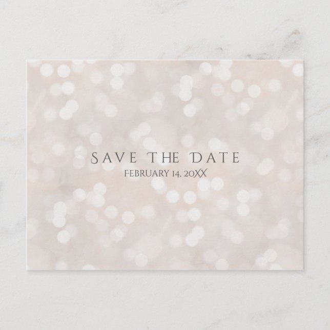 White Bokeh Moderner Glamour Chic Save the Date Ankündigungspostkarte (Vorderseite)