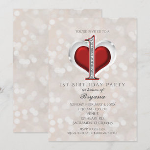 White Bokeh & Red Valentine Glam 1. Geburtstag Einladung