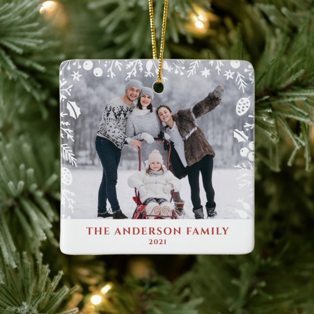 White Botanical Christmas Family Foto Overlay Keramikornament (Baum)