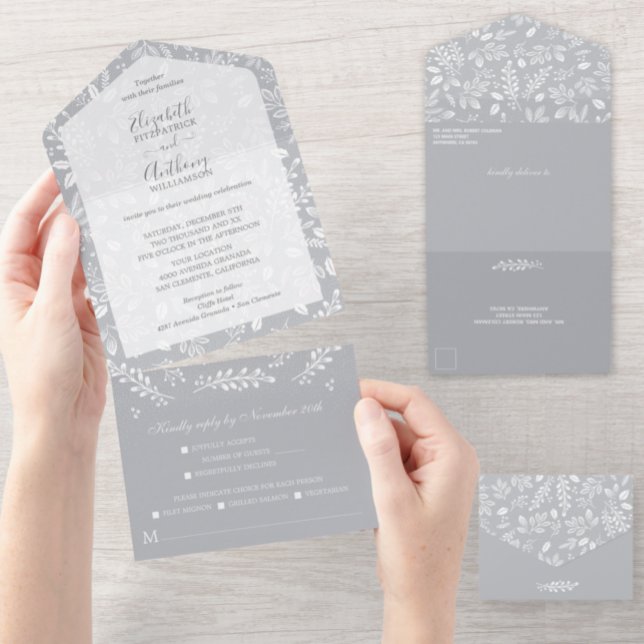 White Botanicals Gray No Envelopes Wedding All In One Einladung (Von Creator hochgeladen)