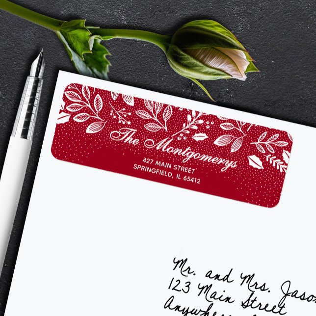 White Botanicals on Cranberry Return Address (White botanical leaves and dots on cranberry red return address labels)