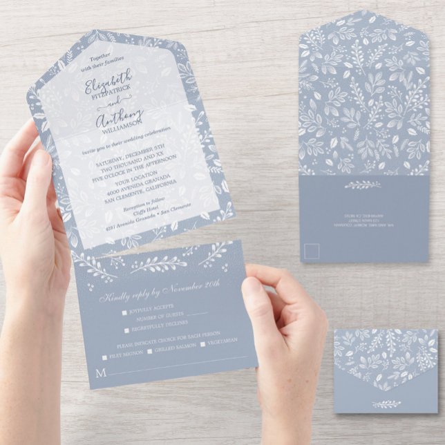 White Botanicals on Dusty Blue Wedding All In One Einladung (Von Creator hochgeladen)