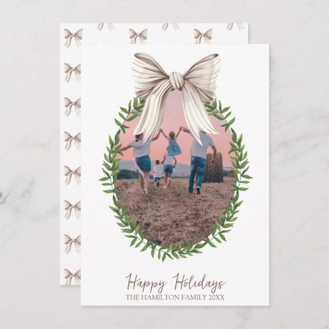 White Bow Coquette Wreath Foto Feiertagskarte (Vorne/Hinten)