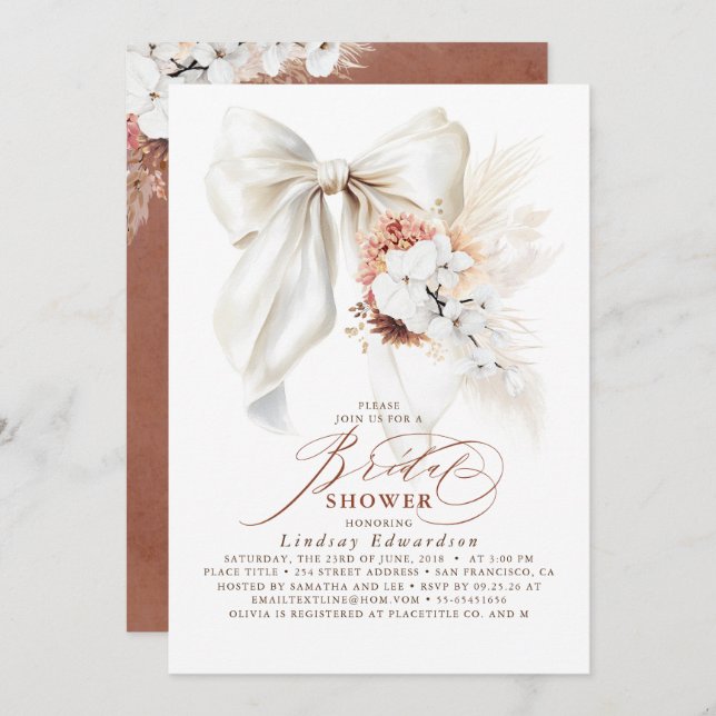 White Bow Floral Terracotta Boho Brautparty Einladung (Vorne/Hinten)