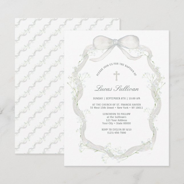 White Bow Gipskraut Taufe Einladung (Vorne/Hinten)