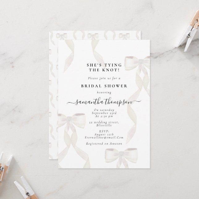 White Bow Sie bindet das Party des Knochen-Brautpa Einladung (Vorderseite/Rückseite Beispiel)