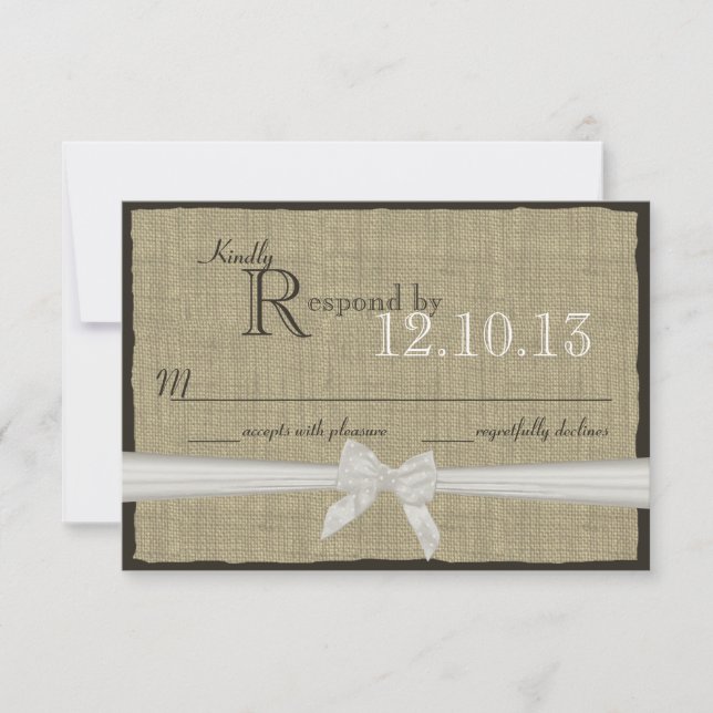 White Bow und Burlap-Hochzeitsreaktion RSVP Karte (Vorderseite)