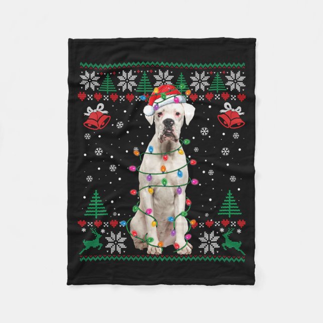 White Boxer Dog Ugly Christmas Sweater Funny Xmas  Fleecedecke (Vorderseite)
