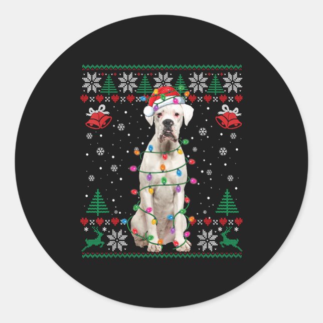 White Boxer Dog Ugly Christmas Sweater Funny Xmas  Runder Aufkleber (Vorderseite)