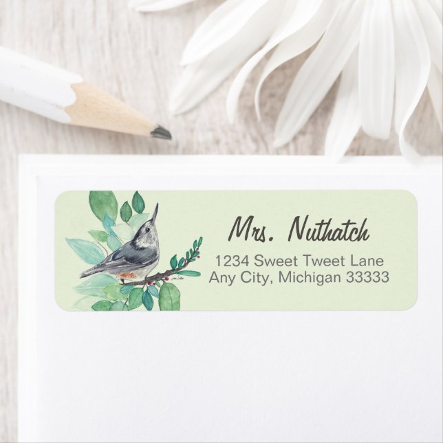 White Breastch Nuthatch Bird Art Return Label (Insitu)