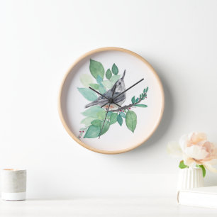White Breastch Nuthatch Bird Zuhause Décor Wall Uhr