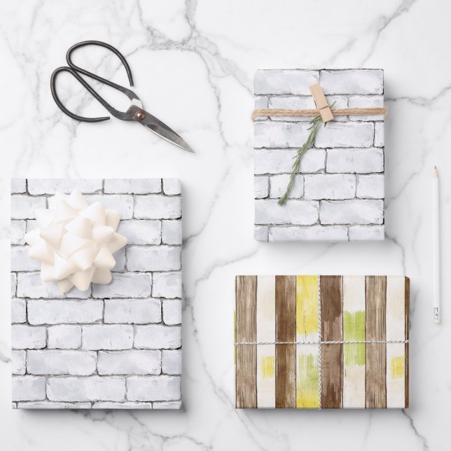 White Bricks Brown Lemon Yellow Green Stripes Geschenkpapier Set (Vorderseite)