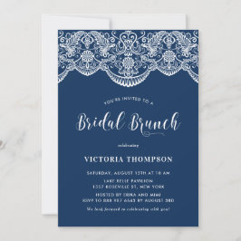 White Brocade Lace Navy Blue Bridal Brunch Einladung