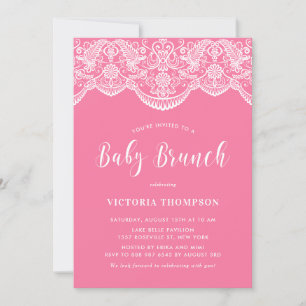 White Brocade Lace Pink Baby Brunch Einladung