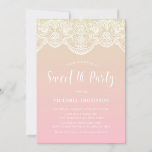 White Brocade Lace Pink Ombre Sweet 16 Party Einladung