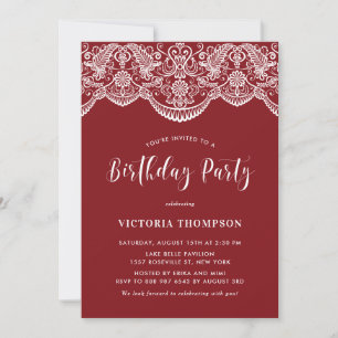 White Brocade Lace Red Birthday Party Einladung
