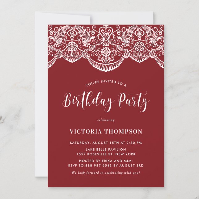 White Brocade Lace Red Birthday Party Einladung (Vorderseite)