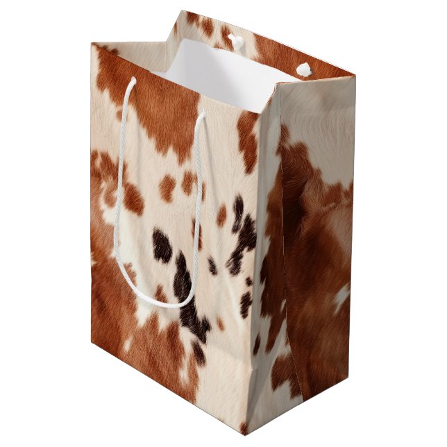White Brown Cowhid Mittlere Geschenktüte (Vorderseite Schrägansicht)