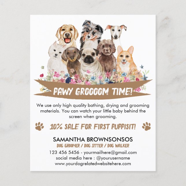 White Brown Simple Floral Illustriert Dog Groomer Flyer (Vorne)