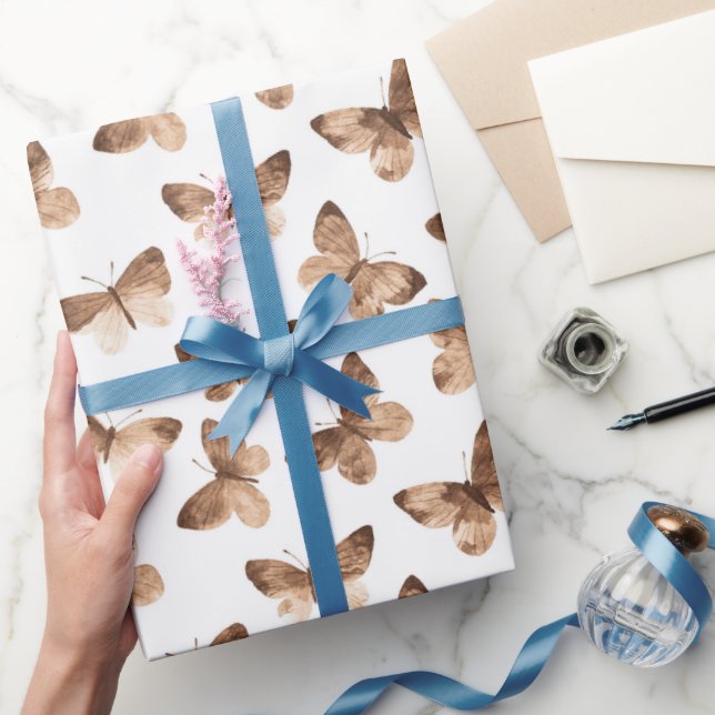 White Brown Spring Butterfells Geburtstag Geschenkpapier (Schenken)