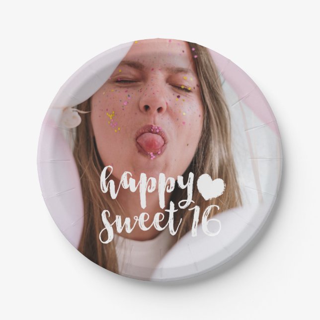 White Brush Script Happy Sweet 16 Foto Pappteller (Vorderseite)