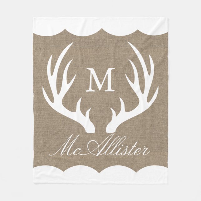 White Buck Antlers Burlap Name der weißen Grenzfam Fleecedecke (Vorderseite)