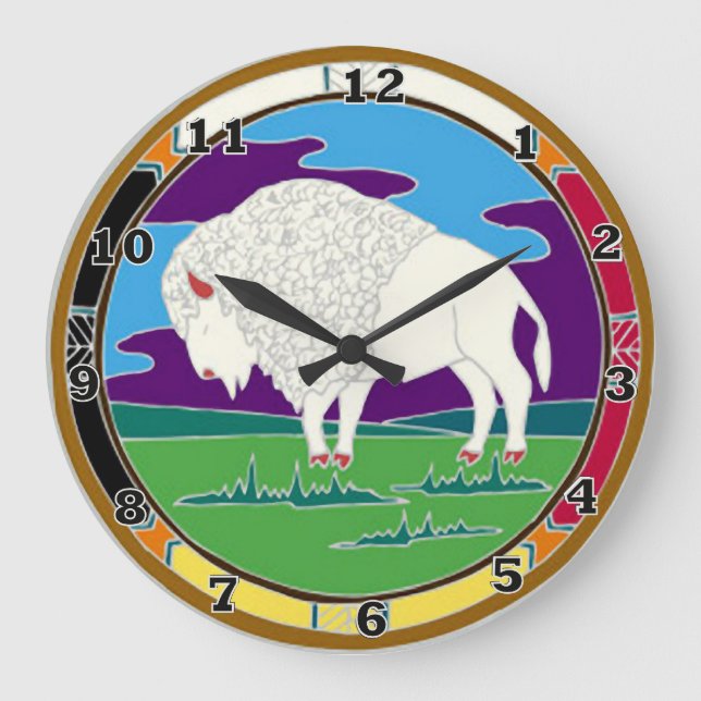 White Buffalo Native American Clock Große Wanduhr (Vorderseite)